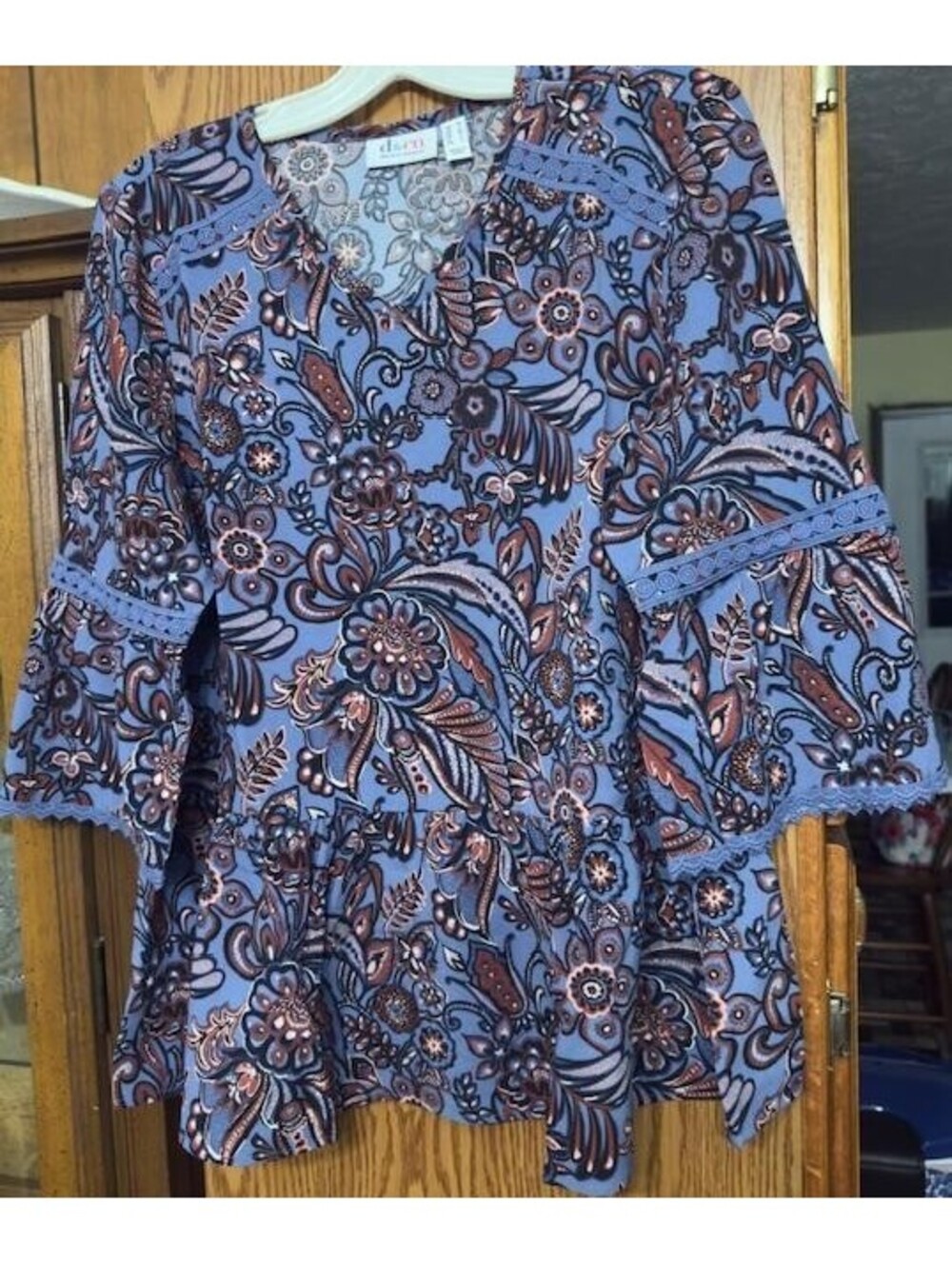 Denim & Co Printed Paisley Ball Sleeve Blouse w/ Trim Size M